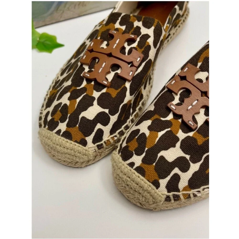 New Tory Burch Ines Leopard Print Canvas Espadrille Flats Brown Tan Women 9.5